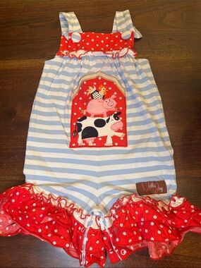 Millie Jay Blue & White Striped Ruffle Romper farm with Red Polka Dot Accents